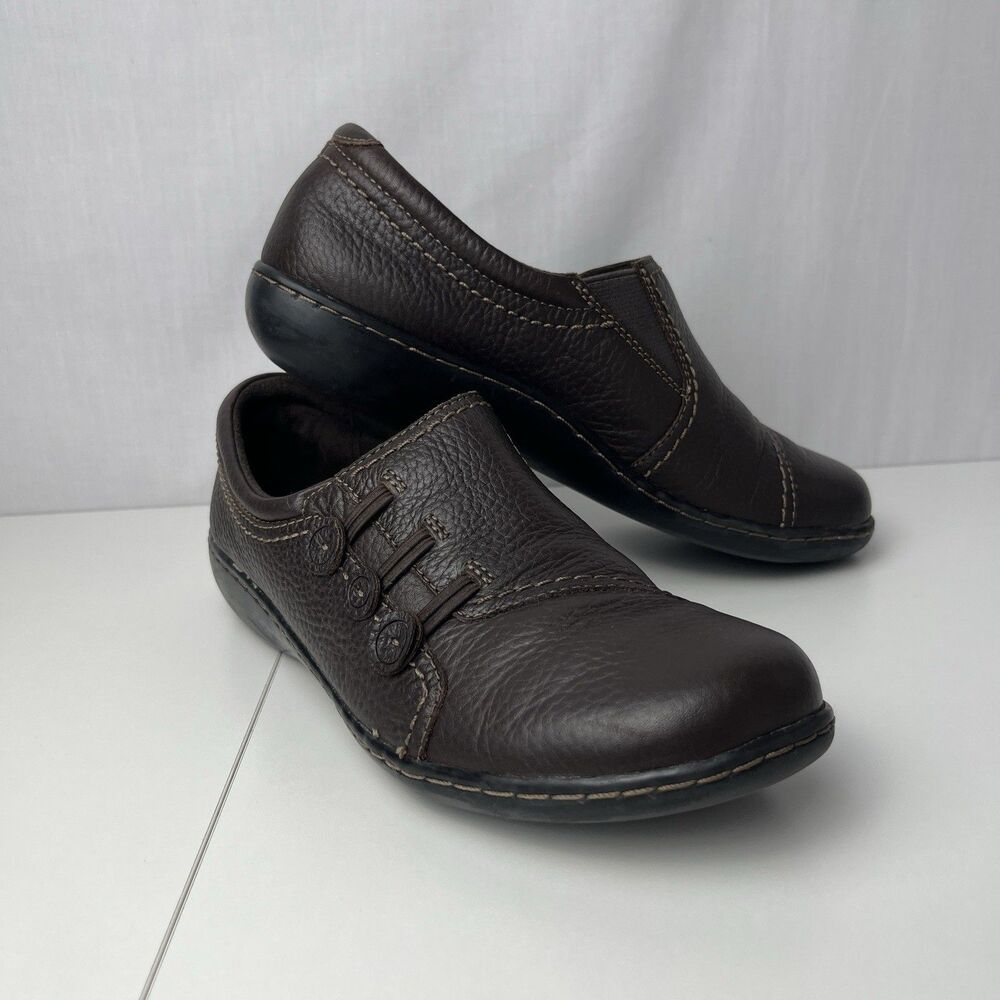 Clarks Ashland Effie Brown Leather Loafers Slip on Shoes Women's 8.5 M Cushion